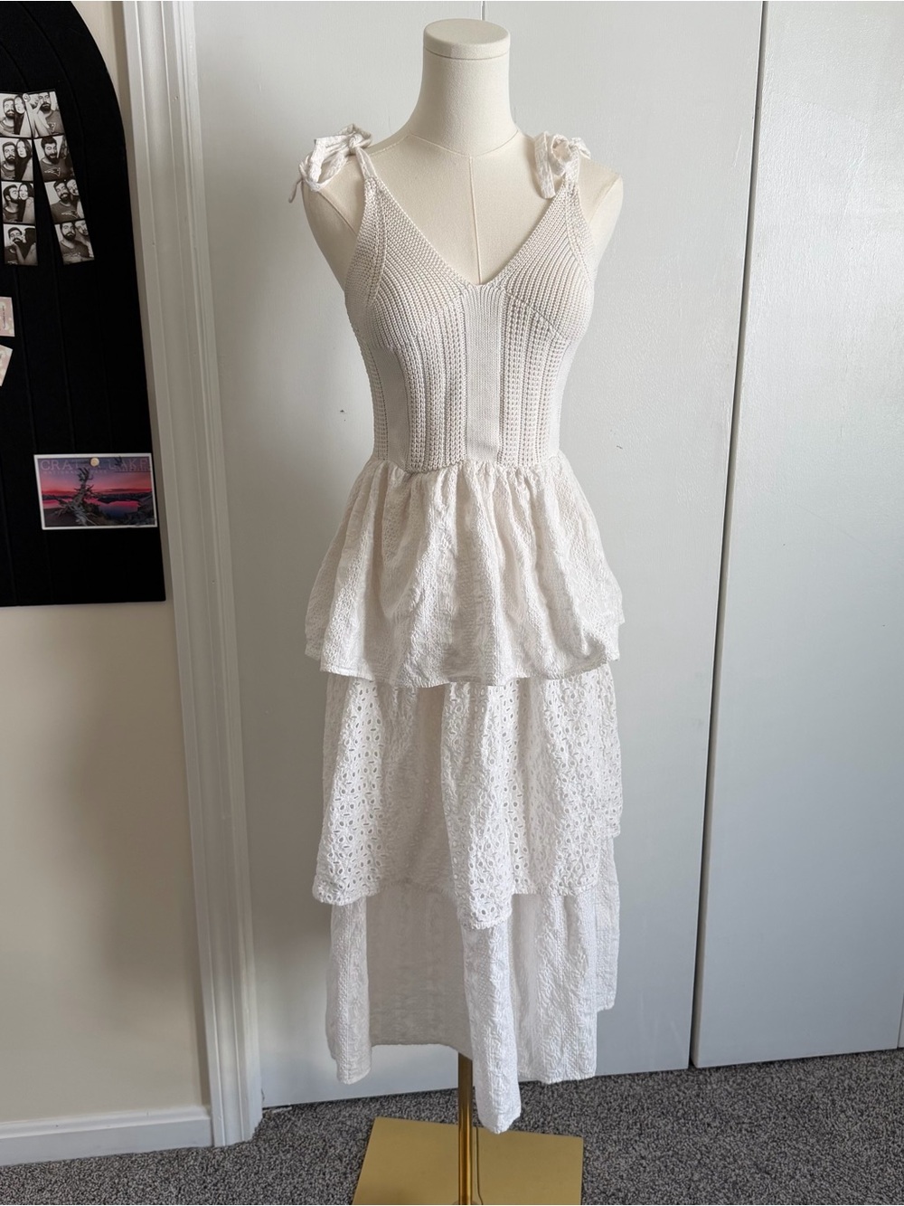 En Saison Crochet Knit White Eyelet Tiered Summer Midi Dress